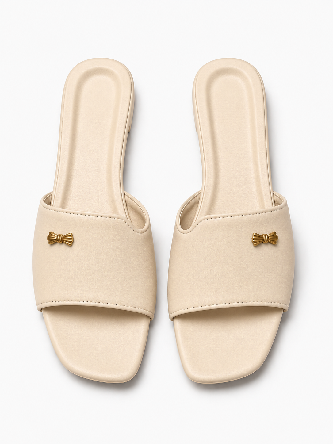 Minimal tan slide sandals flat lay