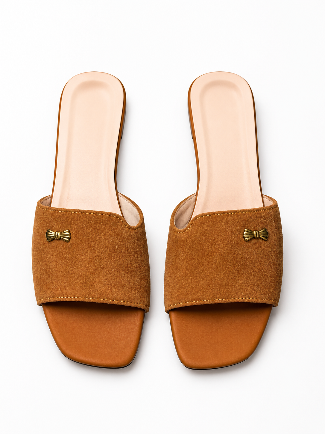 Minimal tan slide sandals flat lay