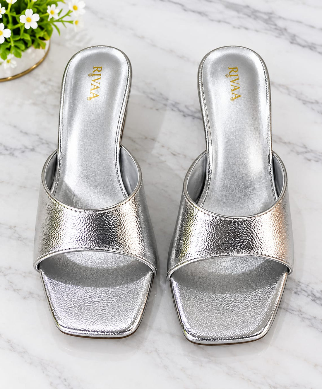 Metallic Silver Square-Toe Slip-On Block Heel Mules