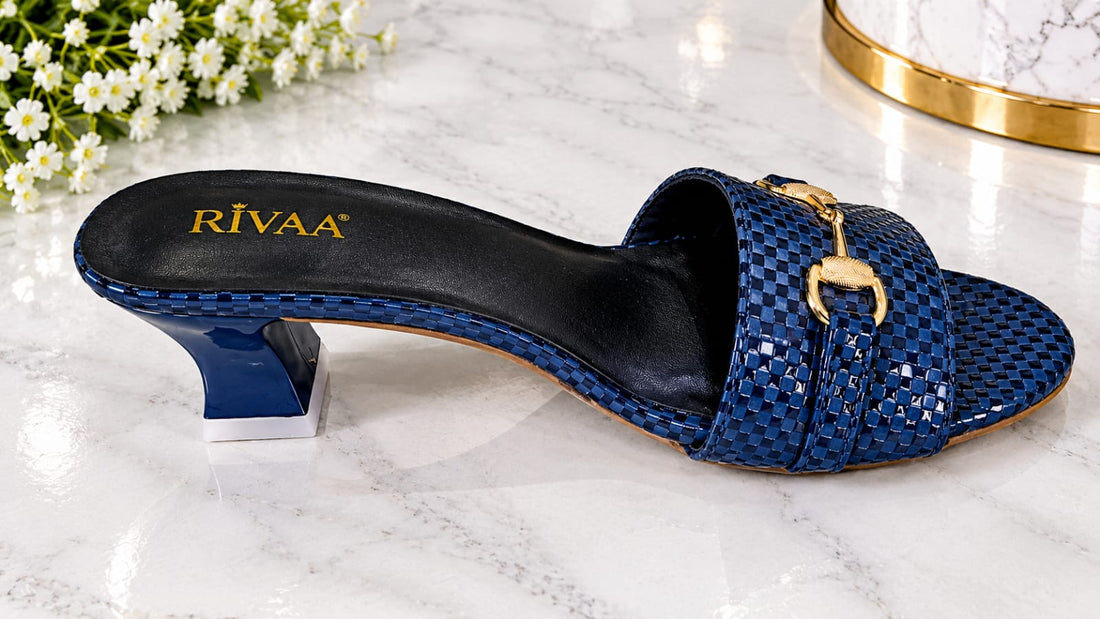 Woven Pattern Horsebit Low Block Heel Mules – Navy Blue