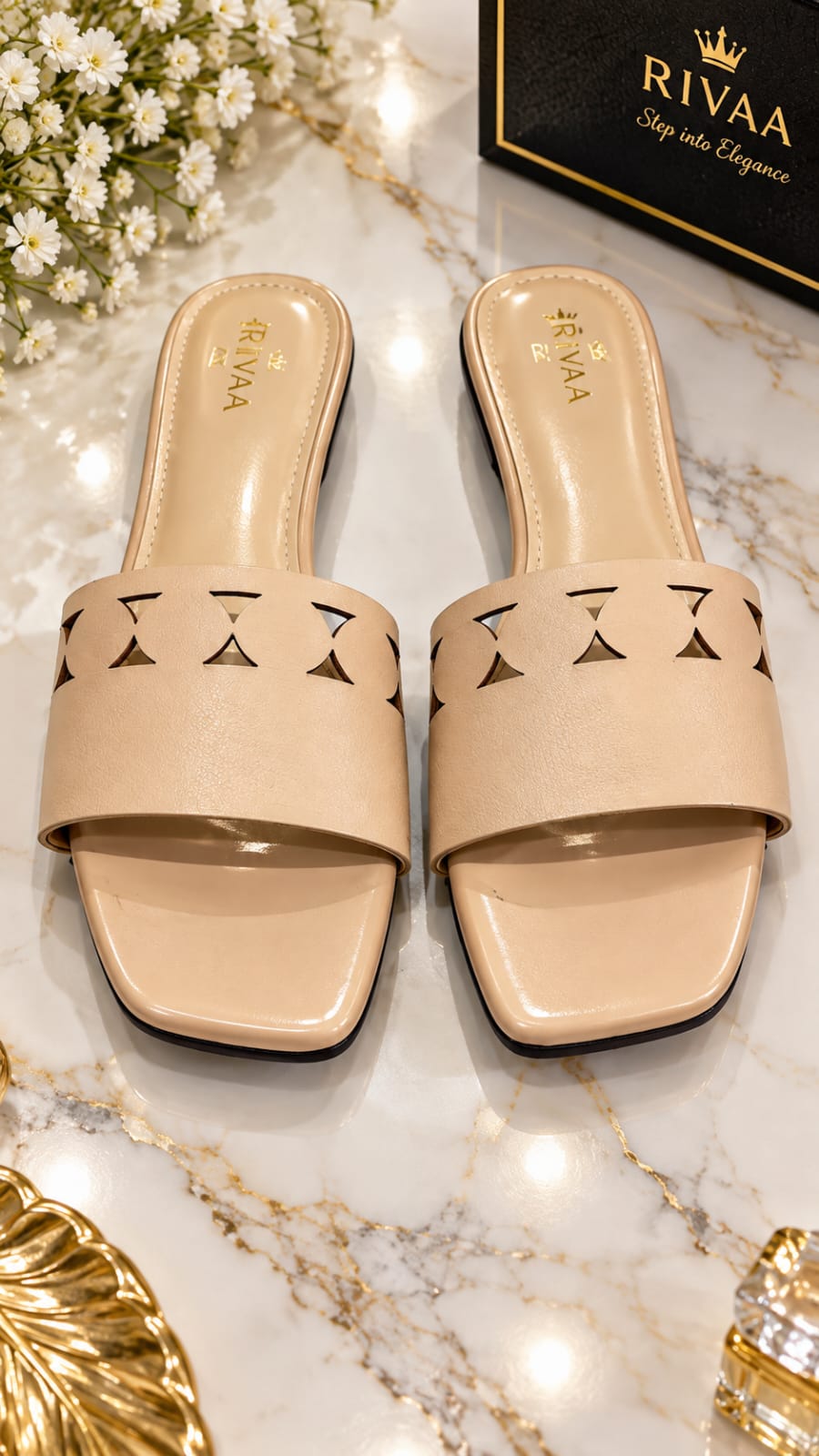 Women’s Brown Cut-Out Flat Slide Sandals – Elegant RIVAA Casual Slip-On 2